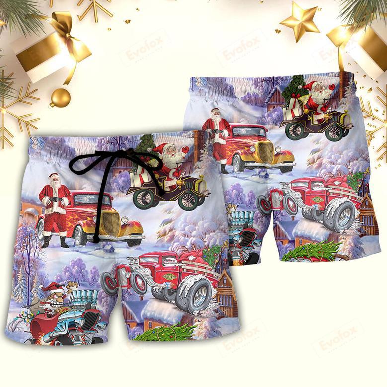 Santa Hot Rod Christmas Tree Merry Xmas Beach Short