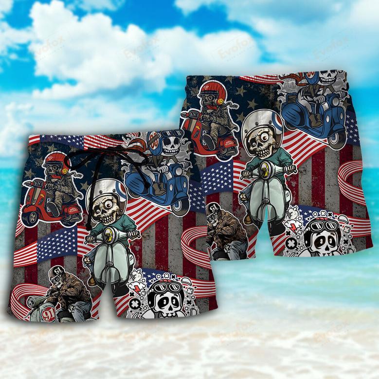 Scooter Skeleton USA Flag Independence Day Beach Short