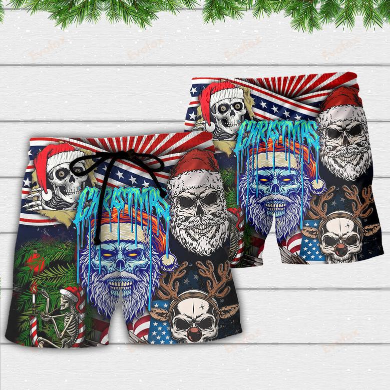 Skull Christmas US Flag Skeleton Horror Merry Christmas Beach Short