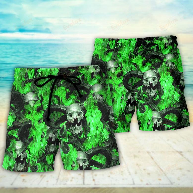 Skull Green Flame Burn Beach Short