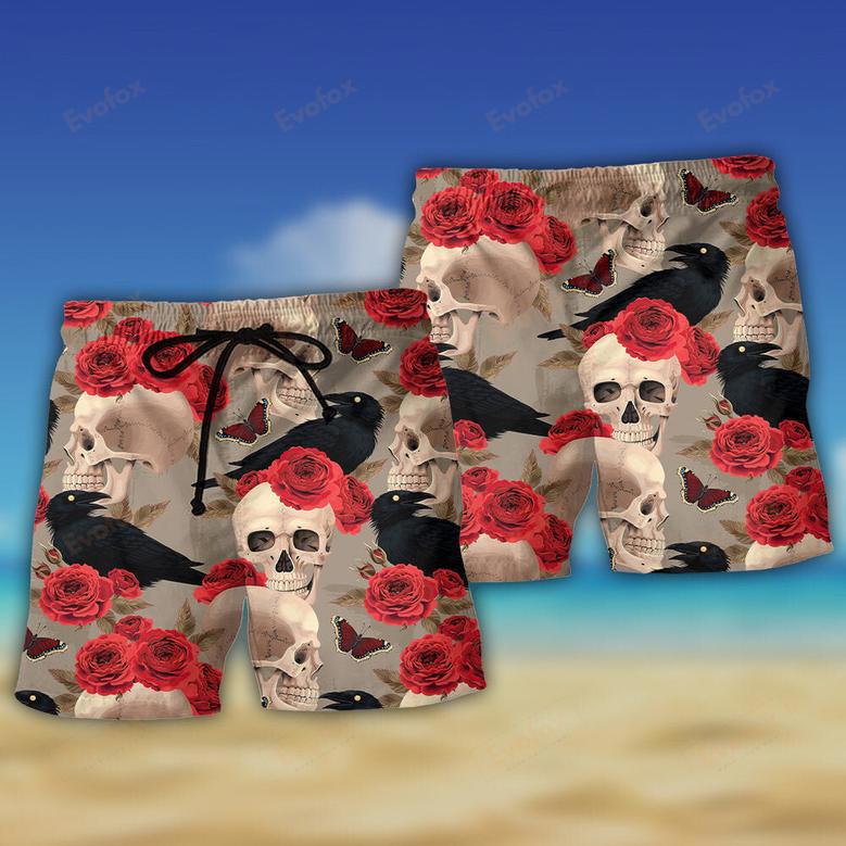 Skull With Rose Flower And Raven Gothic Style Beach Short