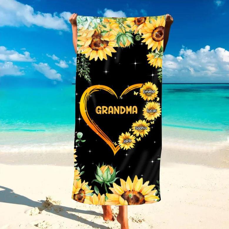 Sunflowers Heart Grandma Grandkids Personalized Beach Towels Design