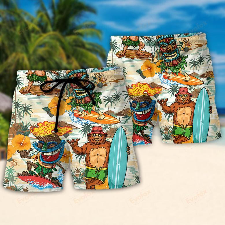 Surfing Funny Bear And Tiki Ride The Wave Follow The Sun Lovers Surfing Beach Short