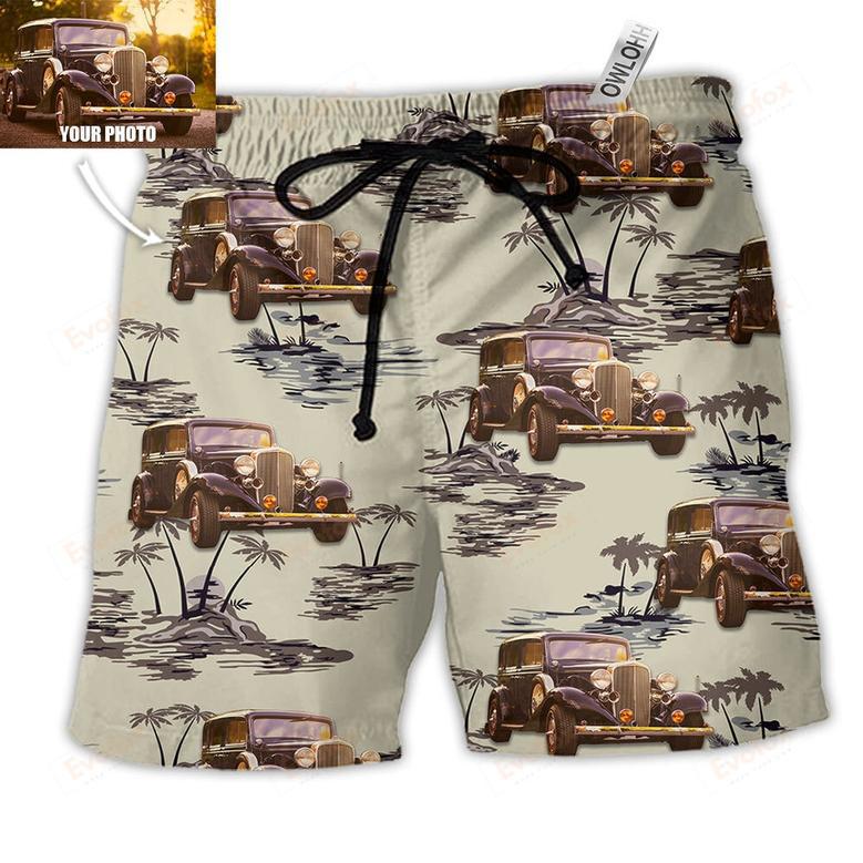 Vintage Car Deserted Island Pattern With Palm Trees Custom Photo Beach Short