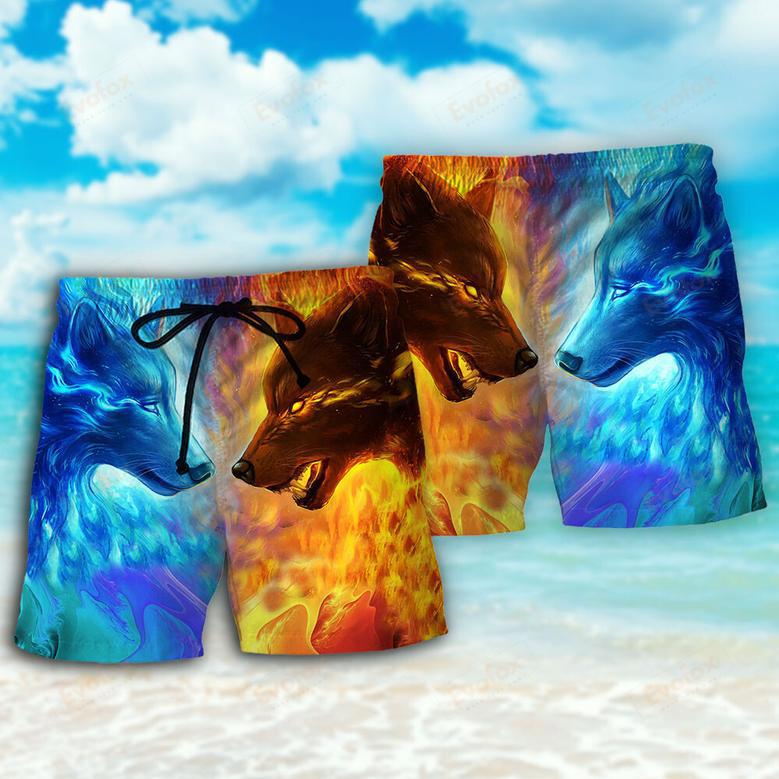 Wolf Couple And Fire Art Beach Short