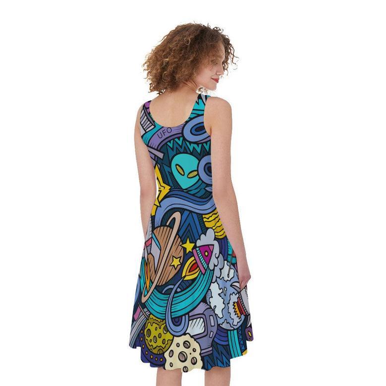 Abstract Cartoon Galaxy Space Print Sleeveless Knee Length Dress