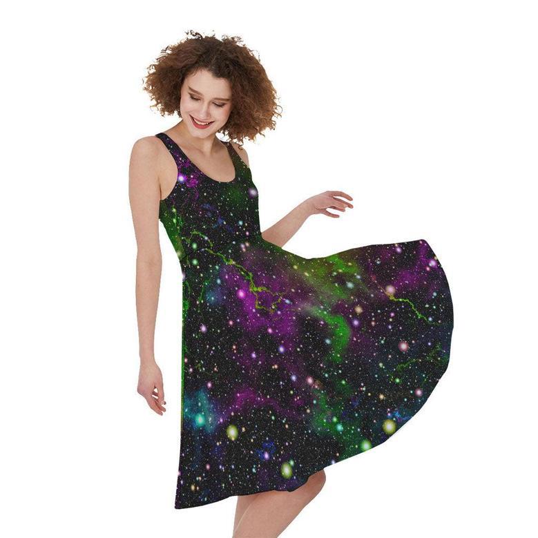 Abstract Dark Galaxy Space Print Sleeveless Knee Length Dress