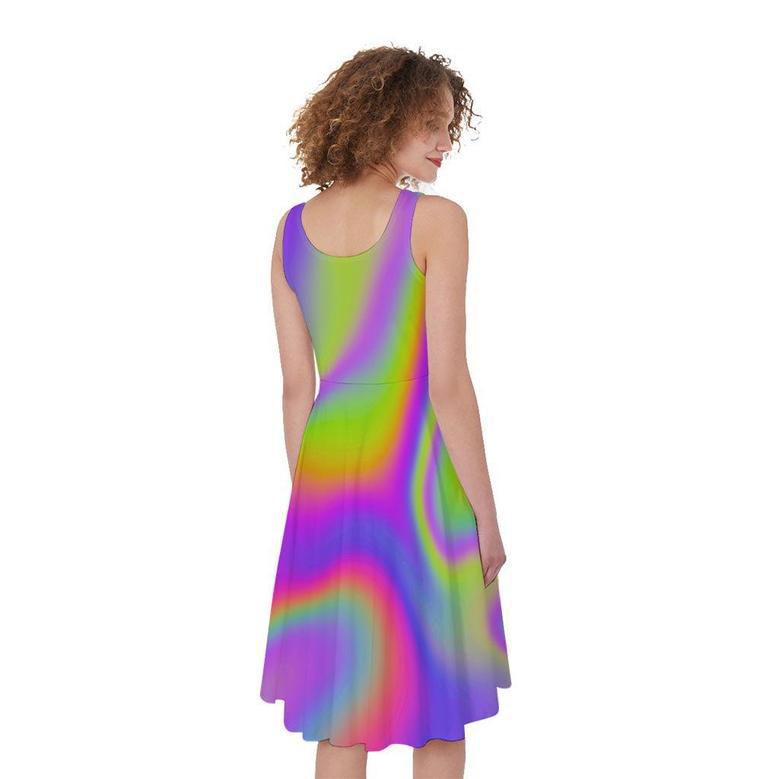 Abstract Holographic Trippy Print Sleeveless Knee Length Dress