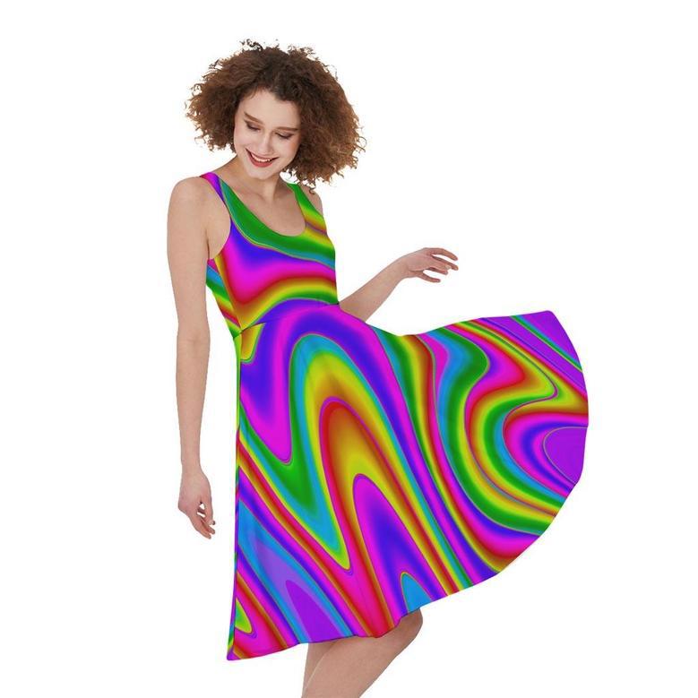 Abstract Neon Trippy Print Sleeveless Knee Length Dress