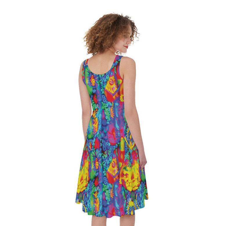 Abstract Psychedelic Print Sleeveless Knee Length Dress