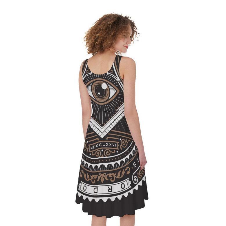 All Seeing Eye Symbol Print Sleeveless Knee Length Dress