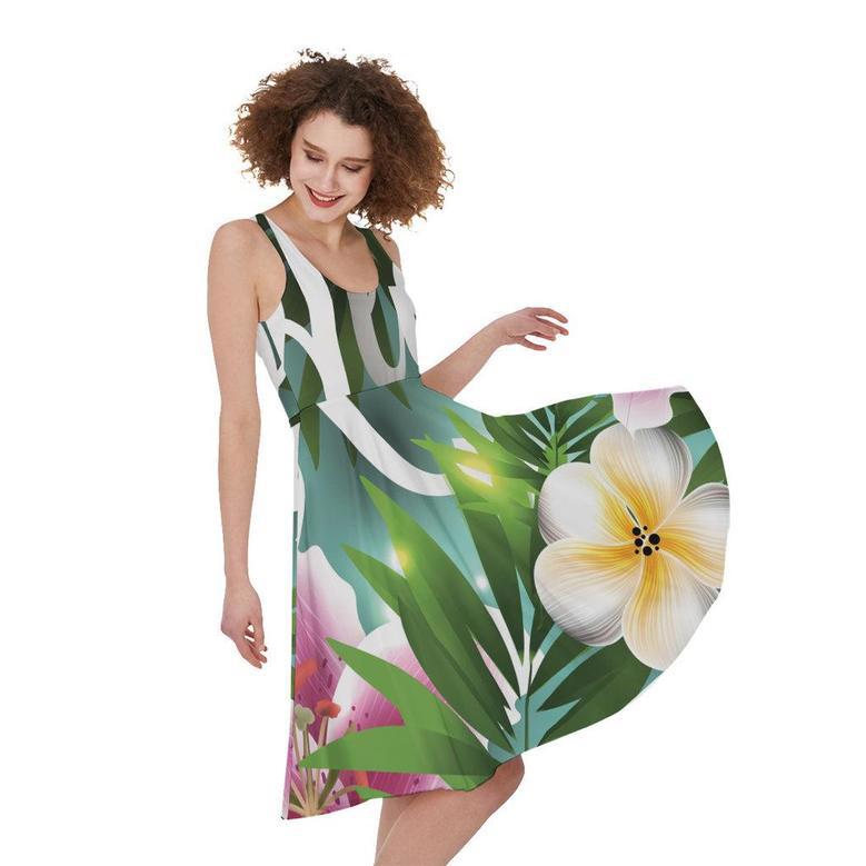 Aloha Hawaiian Flower Print Sleeveless Knee Length Dress