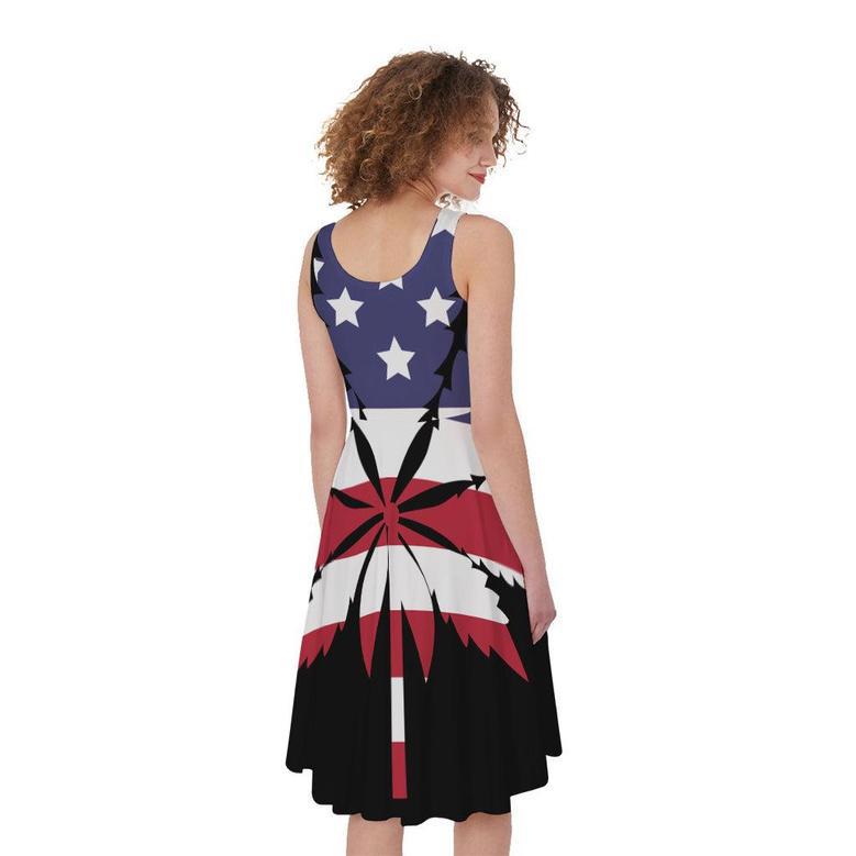 American Cannabis Leaf Flag Print Sleeveless Knee Length Dress