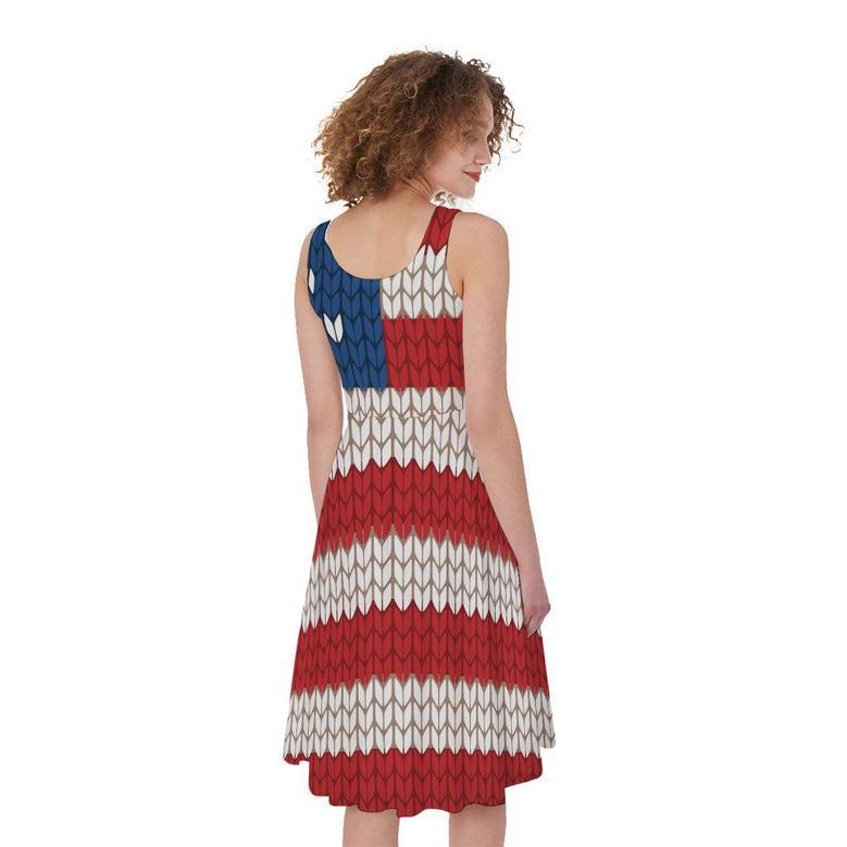 American Flag Knitted Print Sleeveless Knee Length Dress