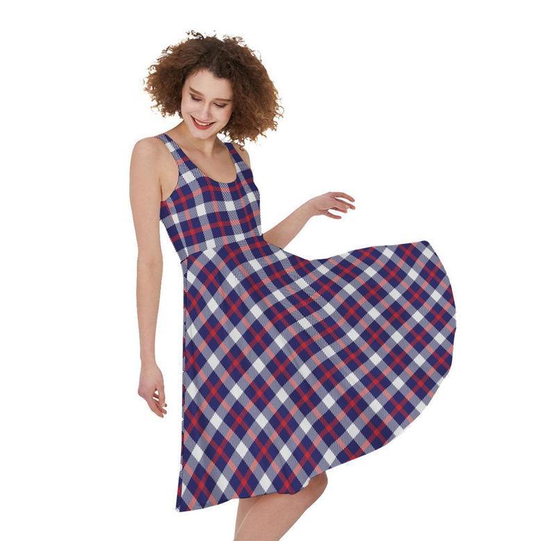 American Patriotic Plaid Print Sleeveless Knee Length Dress