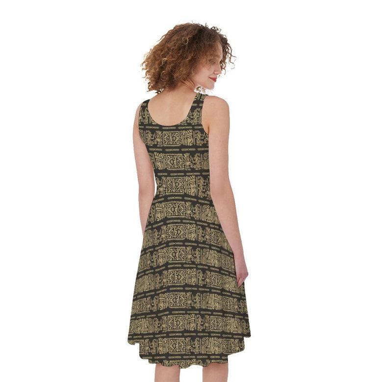 Ancient Maya Pattern Print Sleeveless Knee Length Dress