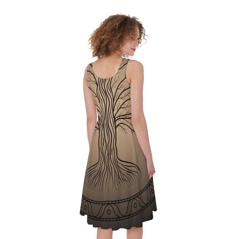 Ancient Yggdrasil Tree Print Sleeveless Knee Length Dress