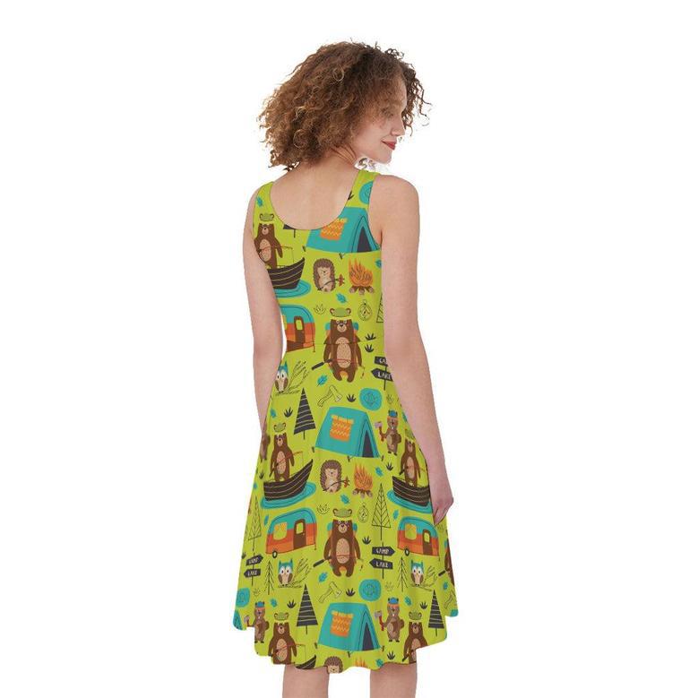 Animal Camping Pattern Print Sleeveless Knee Length Dress