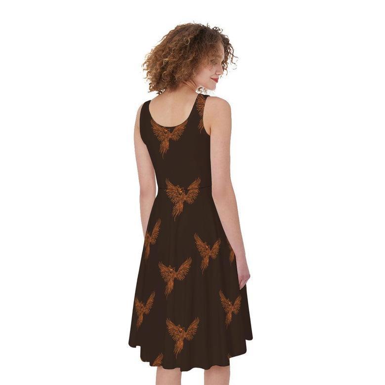 Asian Phoenix Pattern Print Sleeveless Knee Length Dress