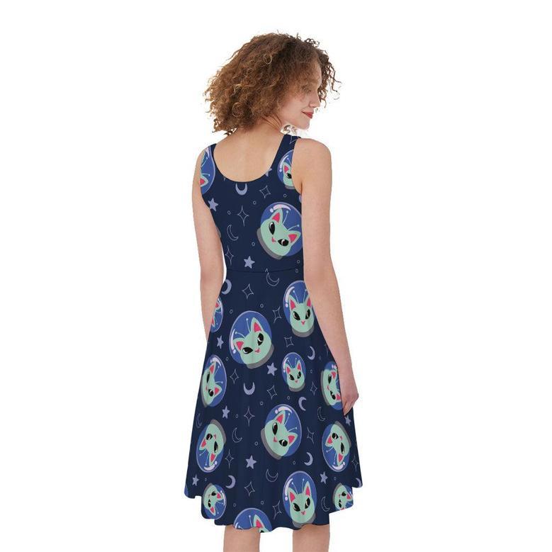 Astronaut Alien Cat Print Sleeveless Knee Length Dress