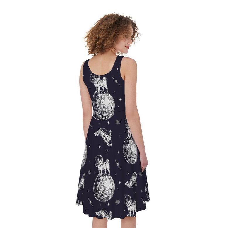 Astronaut Pug In Space Pattern Print Sleeveless Knee Length Dress