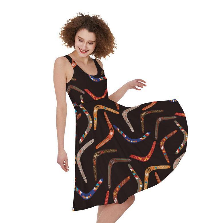 Australian Boomerang Pattern Print Sleeveless Knee Length Dress