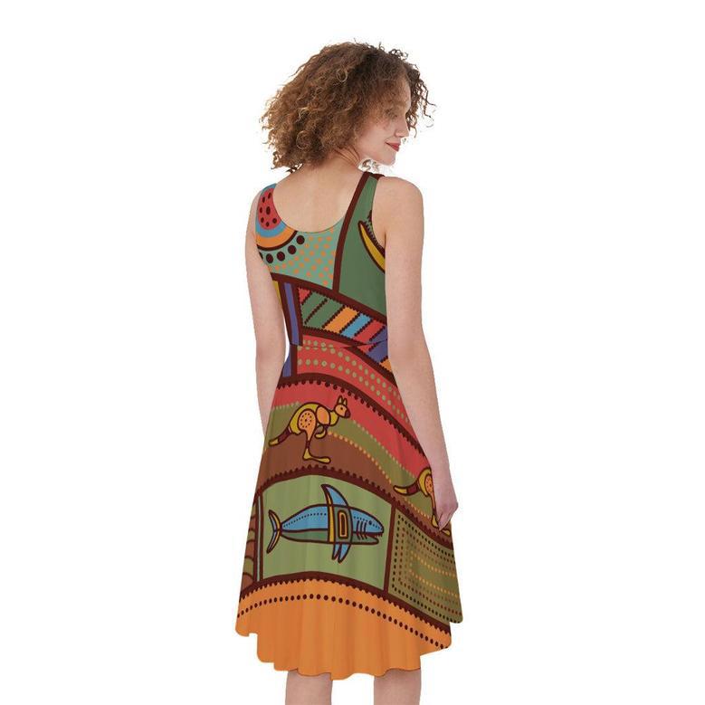 Australian Ethnic Pattern Print Sleeveless Knee Length Dress