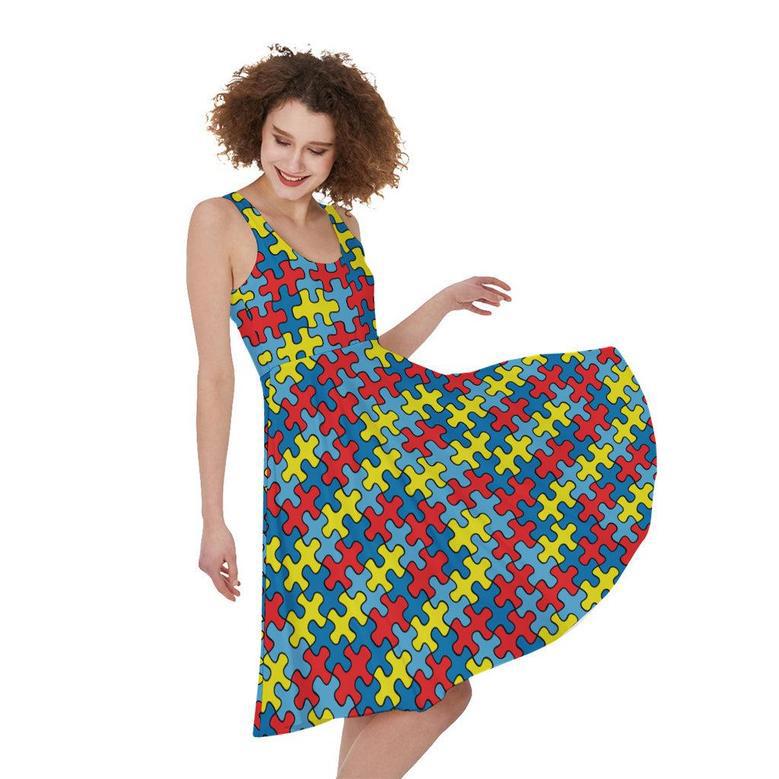 Autism Awareness Puzzle Print Sleeveless Knee Length Dress