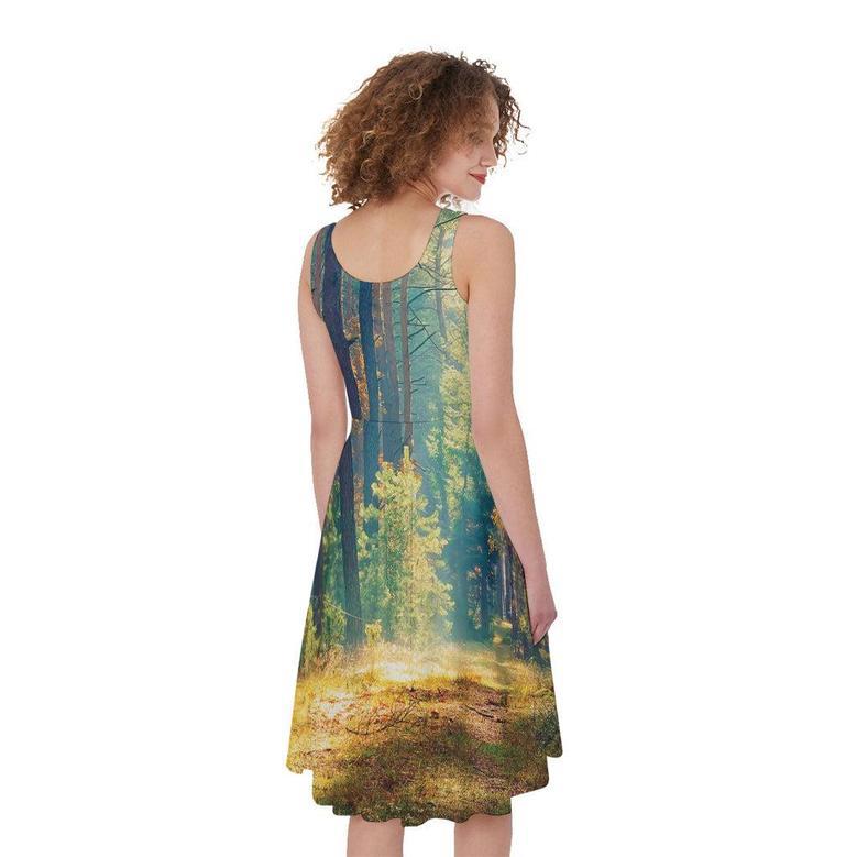 Autumn Forest Print Sleeveless Knee Length Dress