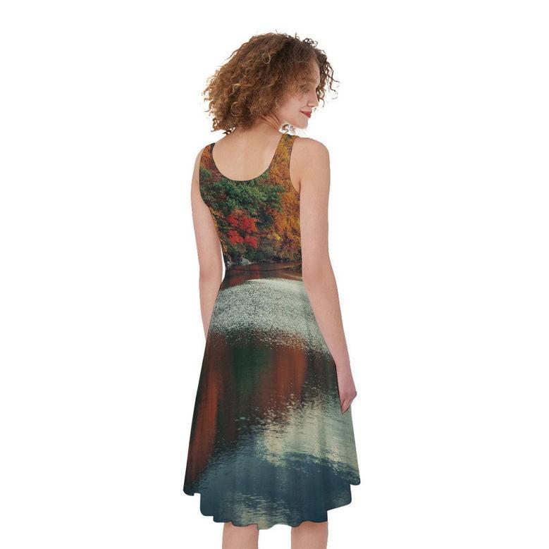 Autumn Lake Print Sleeveless Knee Length Dress