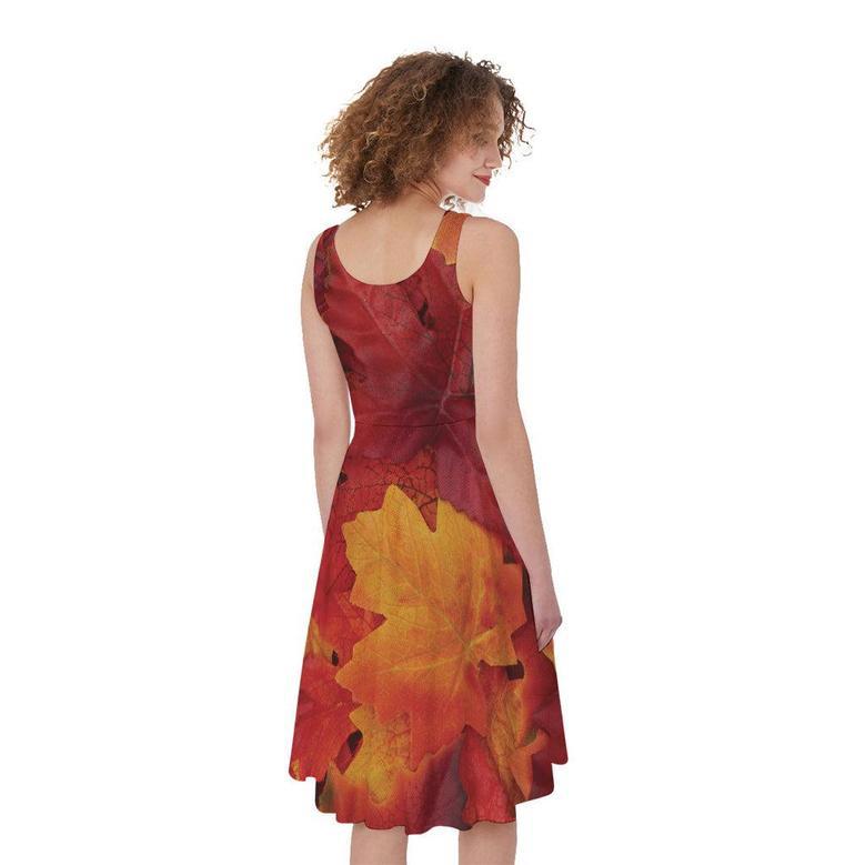 Autumn Maple Leaf Print Sleeveless Knee Length Dress