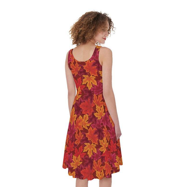 Autumn Maple Leaves Pattern Print Sleeveless Knee Length Dress