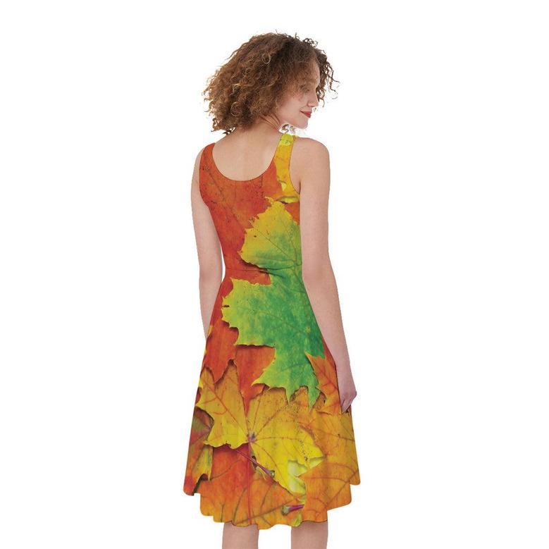 Autumn Maple Leaves Print Sleeveless Knee Length Dress