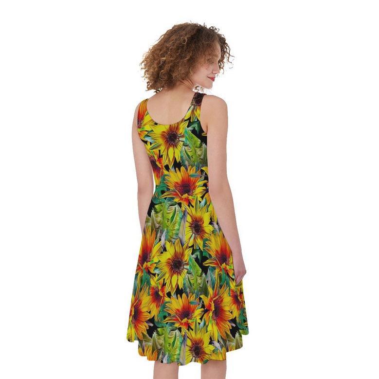 Autumn Sunflower Pattern Print Sleeveless Knee Length Dress