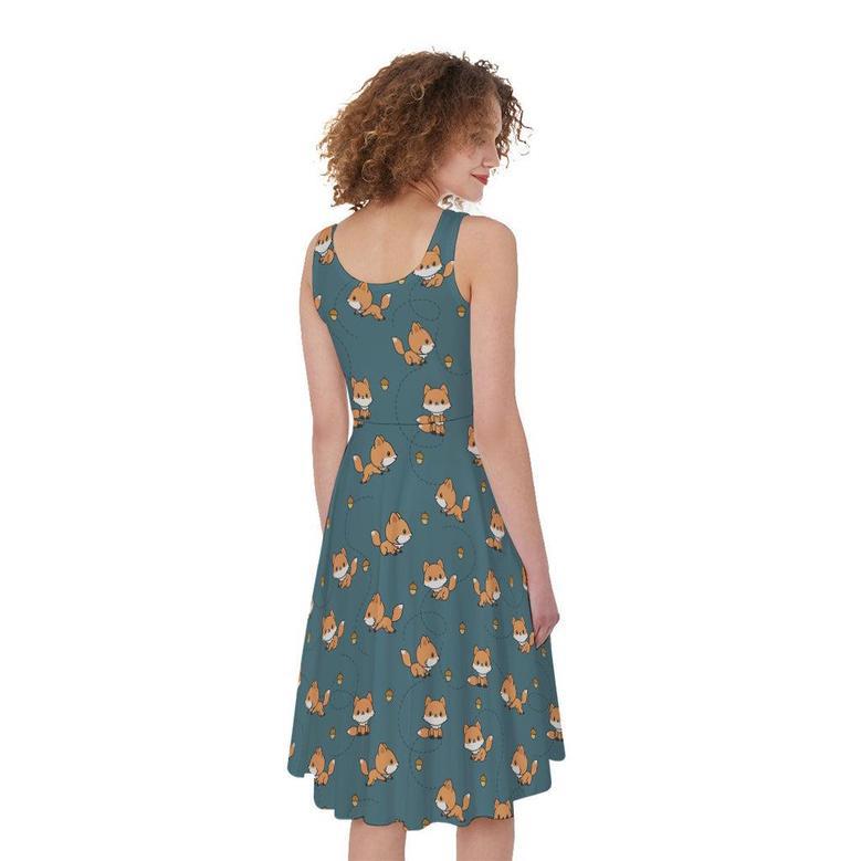 Baby Fox Pattern Print Sleeveless Knee Length Dress