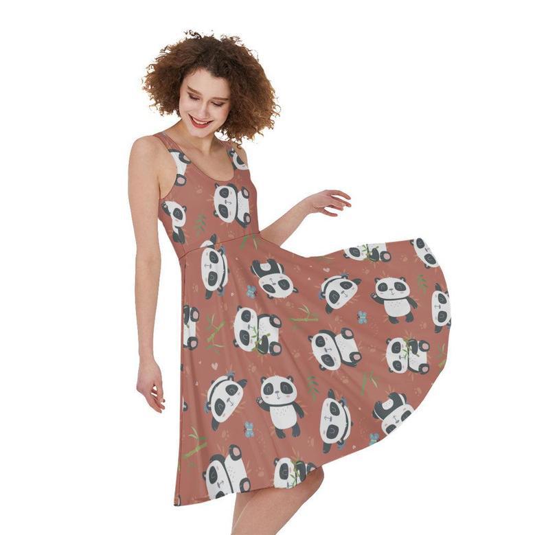 Baby Panda And Bamboo Pattern Print Sleeveless Knee Length Dress