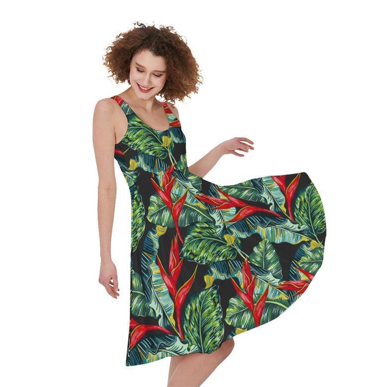 Banana Leaf Hawaiian Pattern Print Sleeveless Knee Length Dress