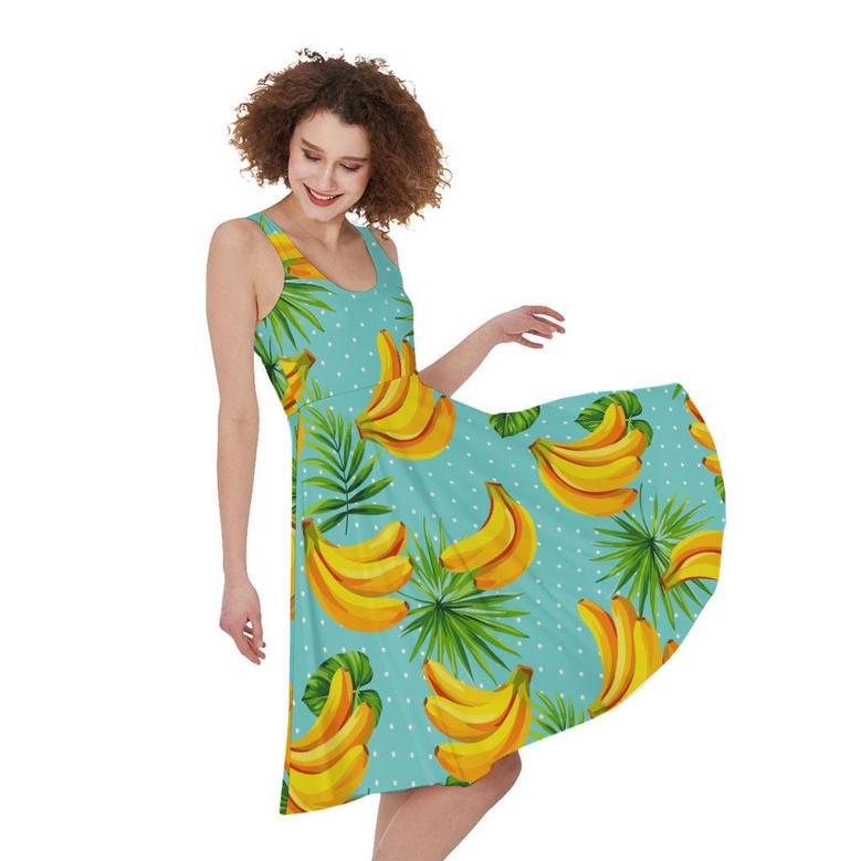 Banana Palm Leaf Pattern Print Sleeveless Knee Length Dress