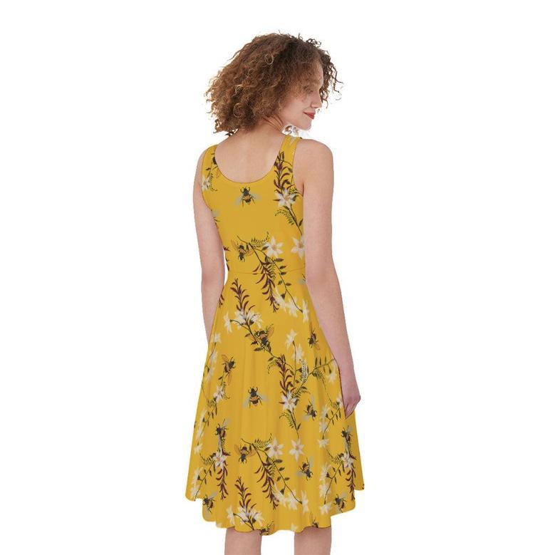 Bee Drawing Pattern Print Sleeveless Knee Length Dress