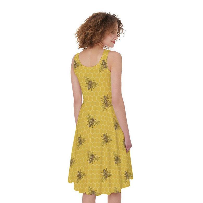 Bee Honeycomb Pattern Print Sleeveless Knee Length Dress