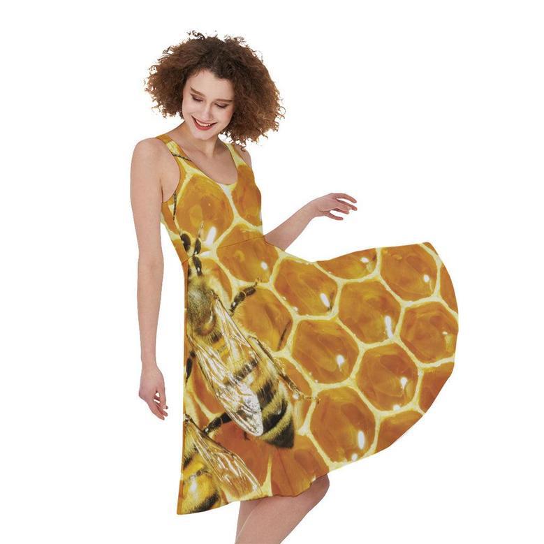 Bees And Honeycomb Print Sleeveless Knee Length Dress