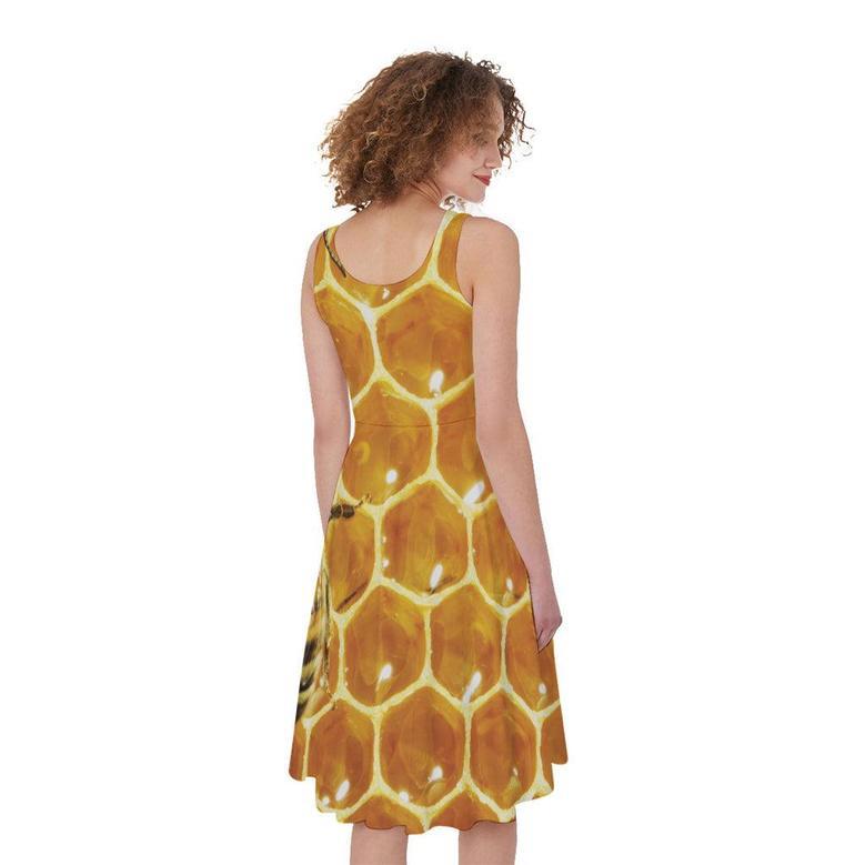 Bees And Honeycomb Print Sleeveless Knee Length Dress