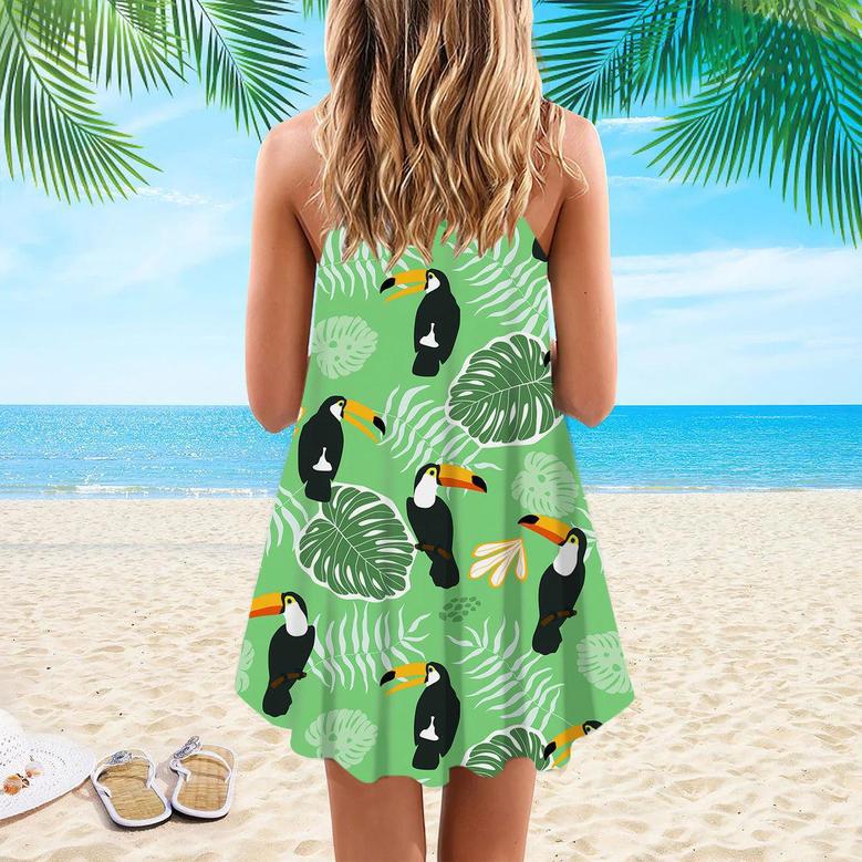 Birds Tropical Exotic With Palm Leaves Pattern Spaghetti Strap Summer Dress