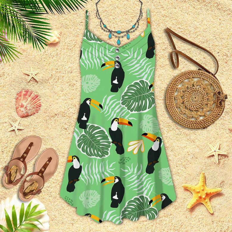 Birds Tropical Exotic With Palm Leaves Pattern Spaghetti Strap Summer Dress