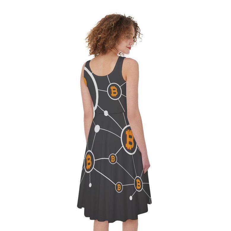 Bitcoin Connection Pattern Print Sleeveless Knee Length Dress