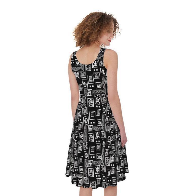 Black Adinkra Symbols Pattern Print Sleeveless Knee Length Dress