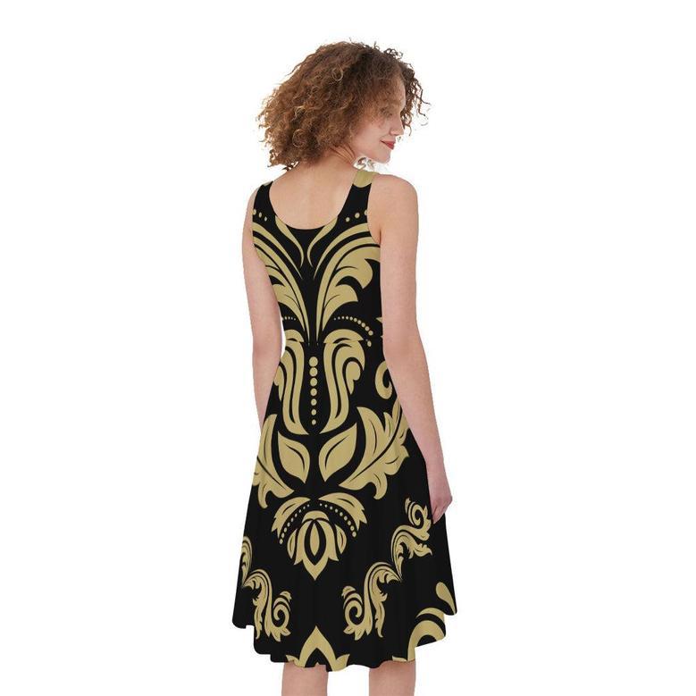 Black And Beige Damask Pattern Print Sleeveless Knee Length Dress