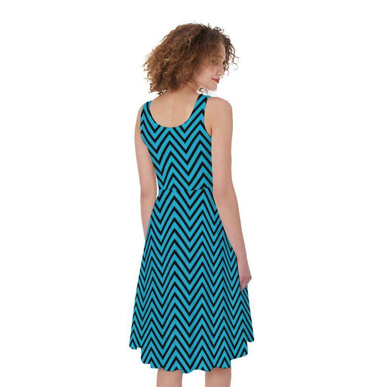 Black And Blue Chevron Pattern Print Sleeveless Knee Length Dress