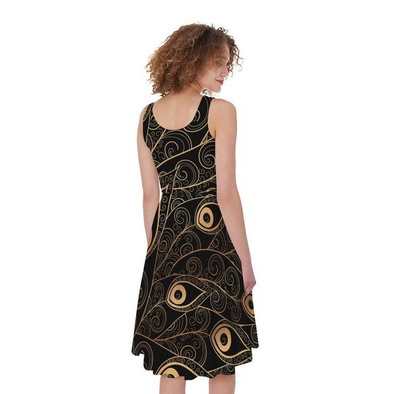 Black And Gold Peacock Feather Print Sleeveless Knee Length Dress