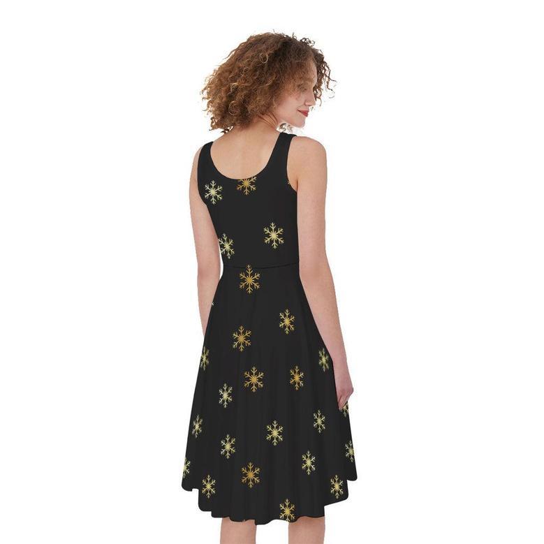 Black And Gold Snowflake Pattern Print Sleeveless Knee Length Dress